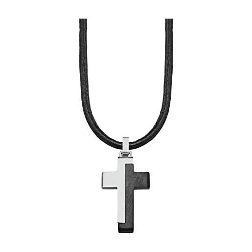 s.Oliver collana con ciondolo in acciaio inox collana per bambini in pelle, 40+3 cm, argento, croce, viene fornita in confezione regalo per gioielli