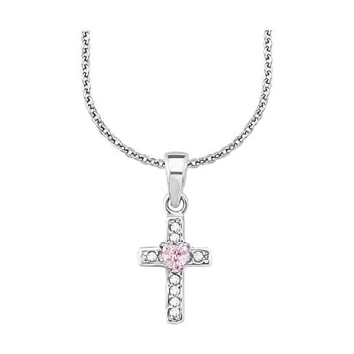 amor collana con ciondolo in argento 925 per bambina, con zirconi sintetici, 35+3 cm, argento, croce, viene fornita in confezione regalo per gioielli