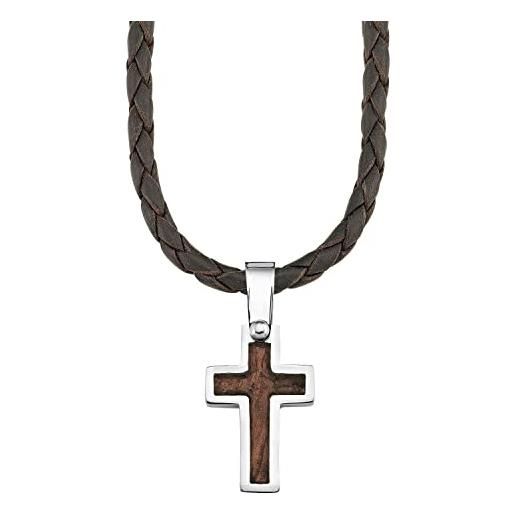 s.Oliver collana con ciondolo in acciaio inox collana per bambini in legno, 40+3 cm, argento, croce, viene fornita in confezione regalo per gioielli