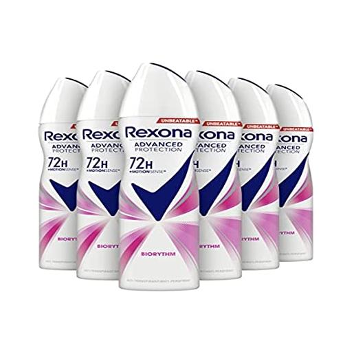 Rexona women advanced protection biorythm anti-transpirant spray, fornisce 72 ore di protezione contro sudore e odori corporei, 6 x 150 ml - confezione risparmio