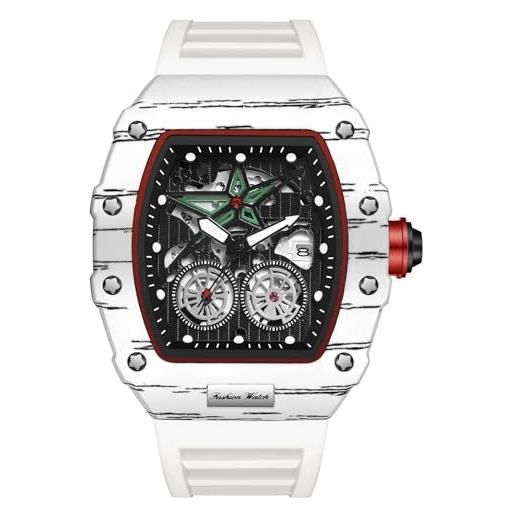 RORIOS Orologio Uomo Tonneau Sportivo – Quarzo, Cassa 52mm, Cinturino In Silicone, Luminescente, Calendario, Regalo Con Scatola Pelle