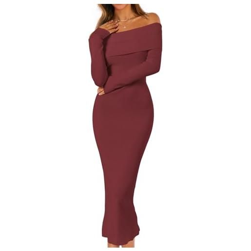 MEROKEETY abito invernale da donna con spalle scoperte, aderente, formale, a maniche lunghe, elegante, per cocktail party, maxi abiti midi, albicocca, s