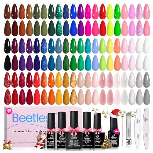 beetles Gel Polish beetles - set di 60 smalti in gel al neon con glitter, colore bianco, rosso, blu, verde, marrone, base in gel e top coat lucido opaco, idea regalo per voi