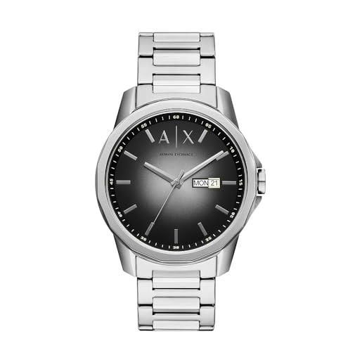 Armani Exchange orologio da uomo, movimento al quarzo con data giornaliera a tre lancette e cassa da 44 mm con cinturino in acciaio o in pelle, grigio chiaro e nero