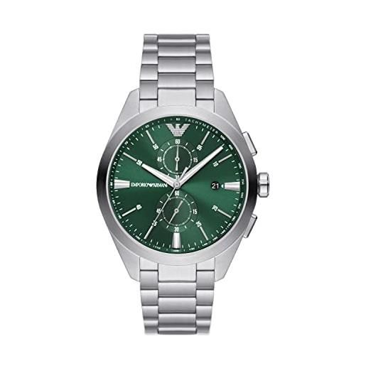 Emporio Armani orologio da uomo, movimento cronografo, cassa in acciaio inossidabile da 43 mm con bracciale in acciaio inossidabile, ar11480, argento e verde, 43 mm