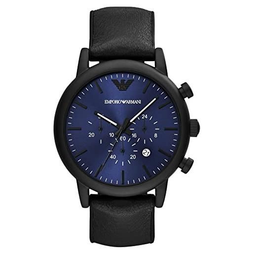 Emporio Armani orologio uomo, movimento al quarzo, cassa in acciaio inossidabile nero 46 mm con cinturino in pelle, ar11351, nero e blu, 46 mm