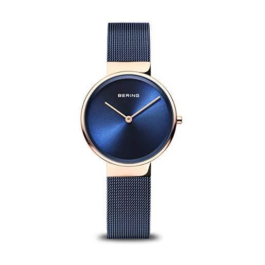 BERING 14531-367 orologio da donna al quarzo, orologio da polso con cassa in acciaio inossidabile color oro rosa da 31 mm e quadrante blu, cinturino in maglia milanese, vetro zaffiro, 5 atm