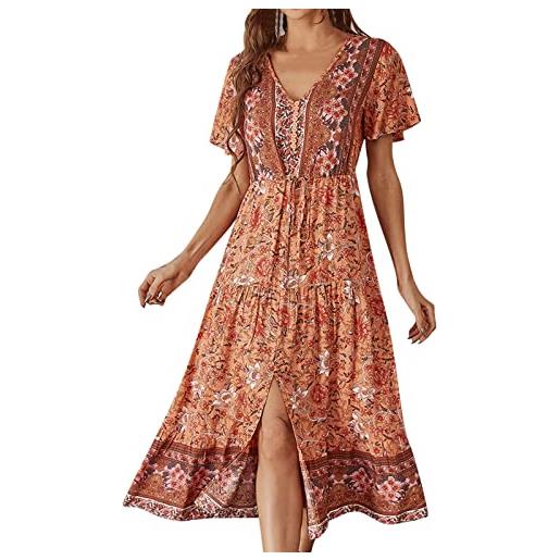 LIJCC abito da donna in rayon a maniche corte con stampa primaverile estate sexy con scollo a v gonne lunghe in stile boho, elegante gonna bianca da sole per le donne, arancione, s