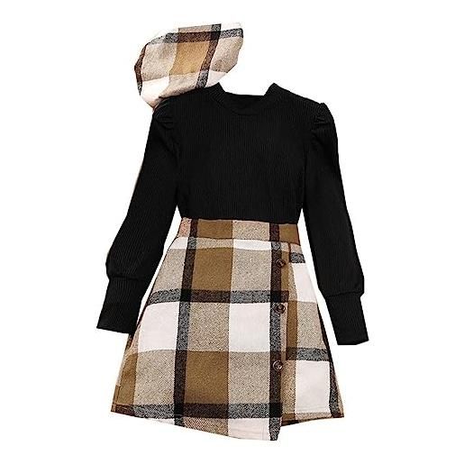 generisch set di 3 pezzi vestito bambini bambina manica lunga a coste solidi top camicetta gonna a quadri con cappello 3 n, nero , 10-12 jahre