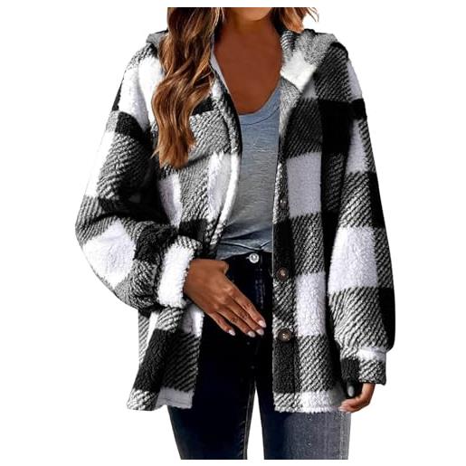EMATOP giacca da donna a maniche lunghe, a quadretti, casual, sportiva, in flanella, invernale, calda, elegante, con risvolto, morbida, comoda, in pile, lunga e per il tempo libero, 15-nero, m