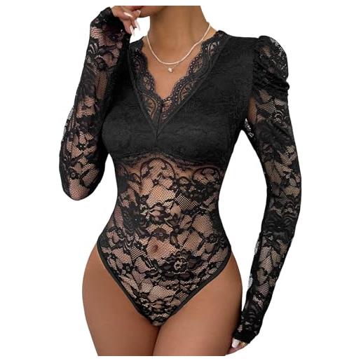 Generisch body donna pizzo scollo profondo maniche lunghe a palloncino top trasparente floreale aderente elegante