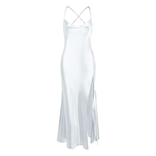 OCCOKO abito donna in raso senza maniche con spalline con scollo anello abiti cerimonia con spacco aderente estivo increspato abito bianco elegante vestiti lunghi eleganti estivi (s, bianco-a)