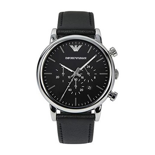 Emporio Armani orologio uomo, movimento cronografo, cassa in acciaio 46 mm con cinturino in pelle, ar1828, nero e argento, 46 mm