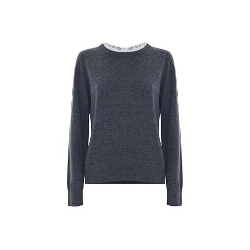 Kocca - maglia con scollo in pizzo sangallo donna, tinta unita, girocollo, colore: grigio melange, modello: a25pma7385abun0000, taglia: m