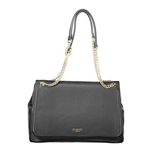 TWINSET borsa a tracolla donna in pelle ecologica, nero, design contemporaneo, chiusura con patta e magnete, 35 x 26 x 16 cm, con tasca zip interna. 