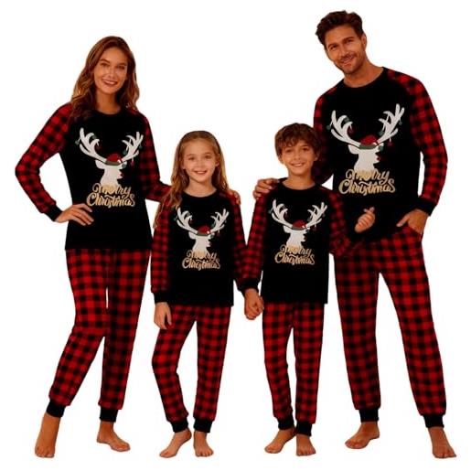Kobilee pigiama di natale famiglia con simpatico renna, maglietta a maniche lunghe e pantaloni, pigiama natalizio coordinati due pezzi, pigiami di natale per tutta la famiglia