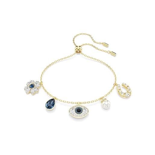 Swarovski braccialetto symbolica, crystal pearl, quadrifoglio, evil eye, ferro di cavallo, blu, placcato color oro