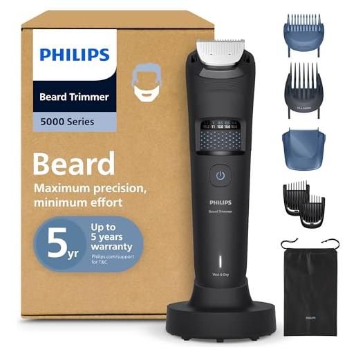 Philips regolabarba Philips serie 5000 - lame in metallo autoaffilanti, 40 impostazioni di lunghezza, tecnologia beard. Sense, raccoglitore peli, impermeabile, pettine sfumatura, custodia da viaggio, bt5785/30