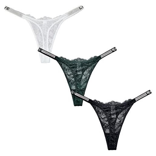 FEOYA 3 pezzi mutandina perizoma da donna mutande in pizzo sexy con strass lucidi perizoma floreali lingerie per quotidiano multicolore 013 taglia l