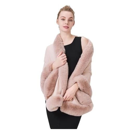 BEAUTELICATE donna poncho mantella maglia invernale stola scialle in pelliccia sintetica coprispalle bolero elegante per sposa matrimonio festa, rosa