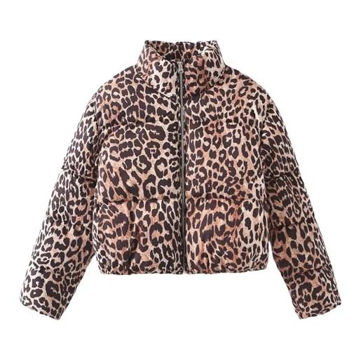 Generic giacca imbottita corta con stampa leopardata da donna, invernale, calda, con collo, cerniera, corta, cappotto, capispalla piumini donna primaverili piumino donna invernale (black, s)
