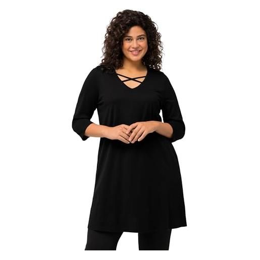 Ulla Popken maglia dal taglio lungo e svasato con laccetti, scollo a v e maniche a 3/4 nero 54+ 825969100-54+