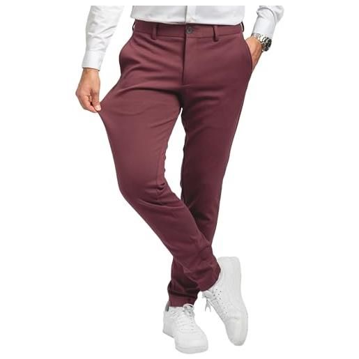 Performance Pants pantaloni da uomo eleganti slim fit da uomo, elasticizzati, comodi e pratici, per il lavoro e il tempo libero, comodi pantaloni in tessuto da uomo, bordeaux, 34w x 32l