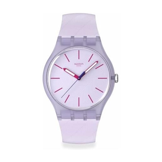Swatch orologio analogico unisex, quadrante testurizzato viola chiaro, lancette rosa scuro, cinturino in silicone viola