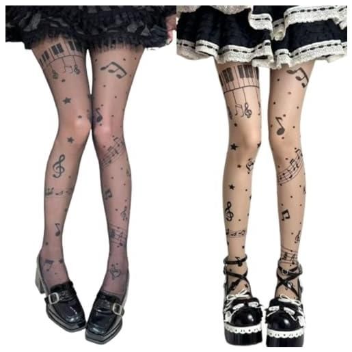 MYZCYBFC fantastici collant da pianoforte per donna, alla moda, con note musicali, sottili calze personalizzate (black+skin tone)