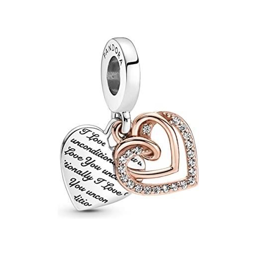 PANDORA ciondolo moments a forma di cuore in argento sterling e placcato in oro rosa 14k con zirconia cubica trasparente