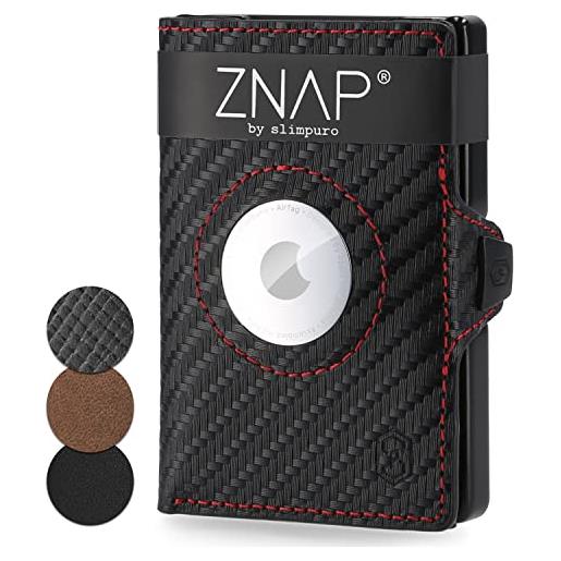slimpuro znap airtag wallet in pelle premium | porta carte di credito uomo | portafoglio uomo | blocco rfid & slim wallet, fumo/nero, 8, minimalista