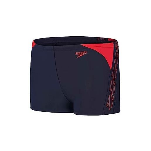 Speedo junior boy's hyperboom splice aquashort swimming trunks | chlorine resistant | quick drying | stretch fabric | print detail, black/bolt, 13-14 years