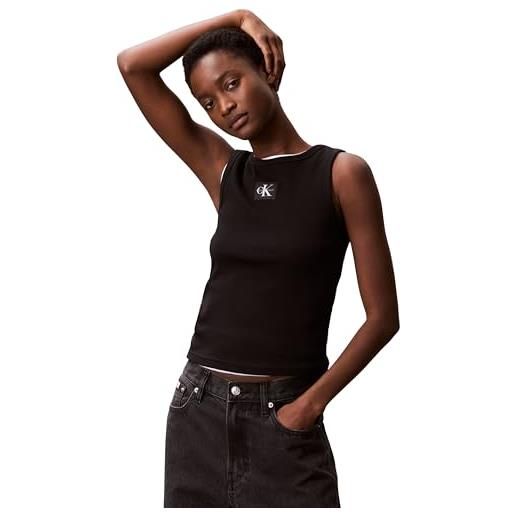 Calvin Klein donna canotta woven label rib con logo, turchese (tuscan teal), m