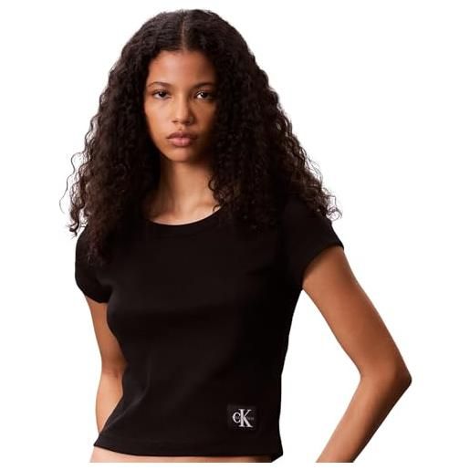 Calvin Klein donna t-shirt maniche corte woven label rib baby tee con scollo rotondo, nero (black), l