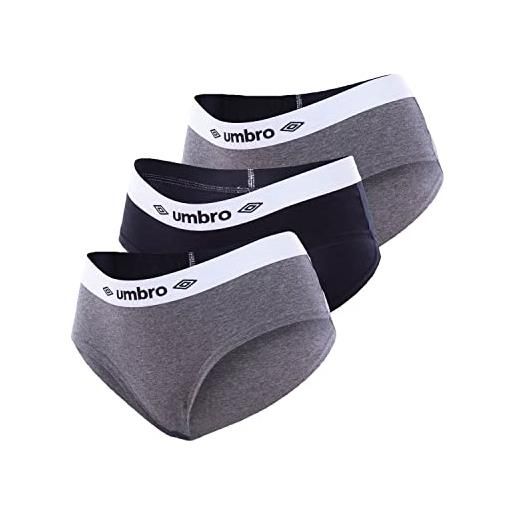 Umbro mutande donna cotone, slip donna, sportivo, confortevole e morbido set di 3, grigio, nero, taglie s