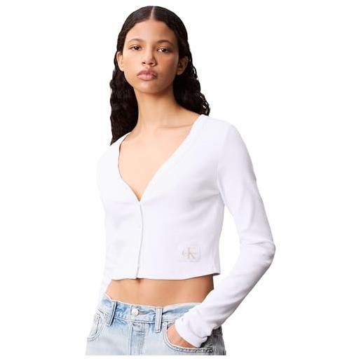 Calvin Klein donna giacca in maglia woven label rib con chiusura a bottoni, bianco (brilliant white), m