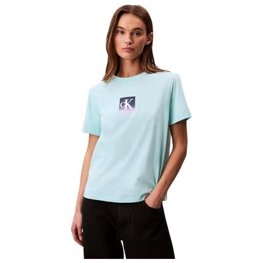 Calvin Klein donna t-shirt maniche corte classic boxed monogram con logo, turchese (tahiti turquoise), l