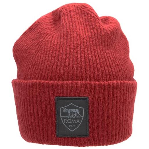 AS Roma cappelli invernali stadio, classic crest leather patch knitted skipper beanie - red w black logo