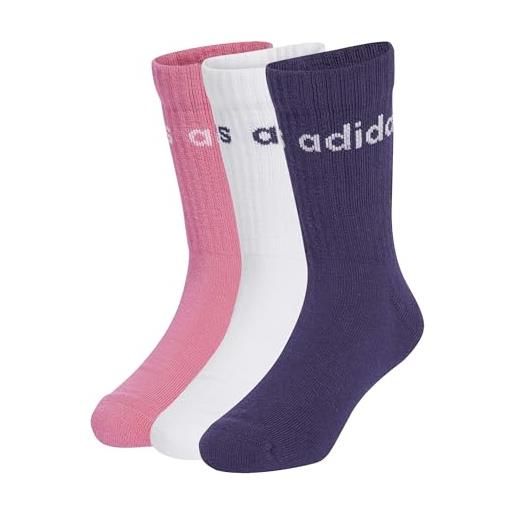 adidas unisex - bambini linear kids crew 3 pairs per pack socks, white/pink fusion/aurora plum, 6-7 years