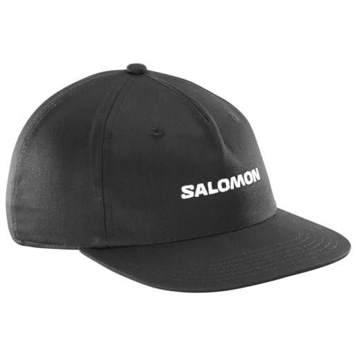 Salomon logo flat cap, breathable running cap unisex, trail running, hiking, outdoor sports, flat bill style, deep black