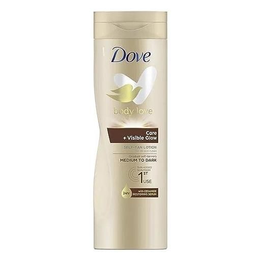Dove visible glow medium to dark lozione abbronzante graduale per pelle baciata dal sole lozione autoabbronzante per tutti i tipi di pelle 6 x 400 ml