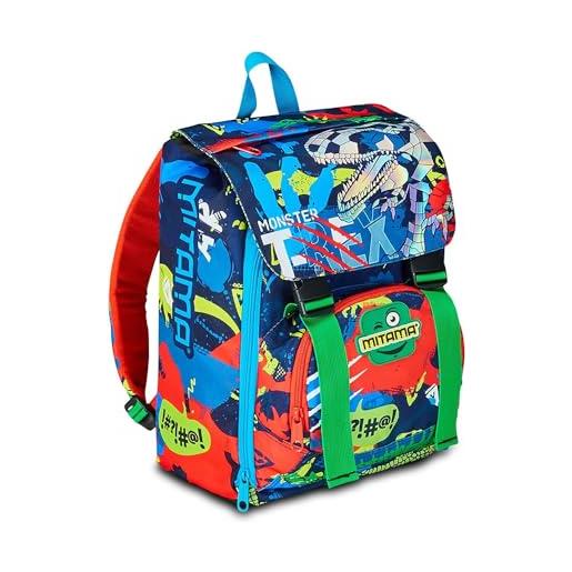 Mitama zaino estensibile fluo rex con tasca frontale, blu e verde, scuola elementare e tempo libero, bambini ragazzi