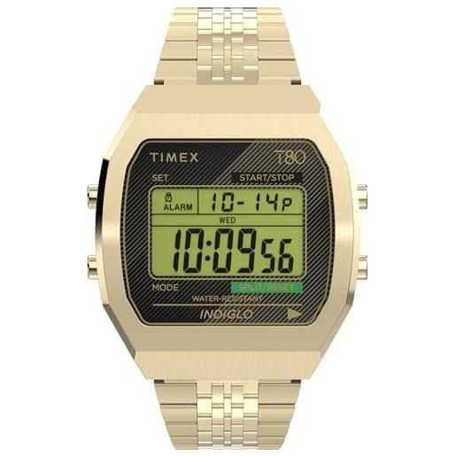Timex orologio unisex t80, 36 mm, cinturino in acciaio inox, quadrante digitale, cassa dorata tw2v74300