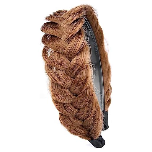 Gledola wide messy braided headband with teeth synthetic hair braided headband high elasticity braids braided hair band hairpiece for girls women (marrone medio)
