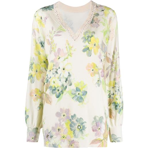 TWINSET maglione a fiori con scollo a v - toni neutri