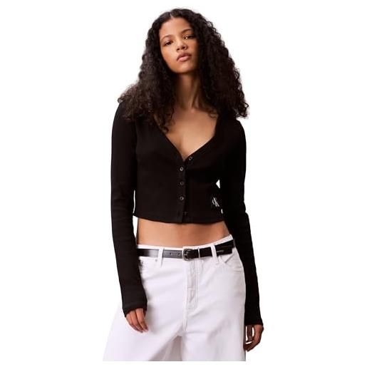 Calvin Klein donna giacca in maglia woven label rib con chiusura a bottoni, nero (black), s