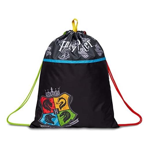 SJ GANG STYLE JAM GANG seven sacca zaino scuola harry potter, nero, the magical creatures, easy bag con chiusura couilisse, sacca zaino bambini sport e viaggio
