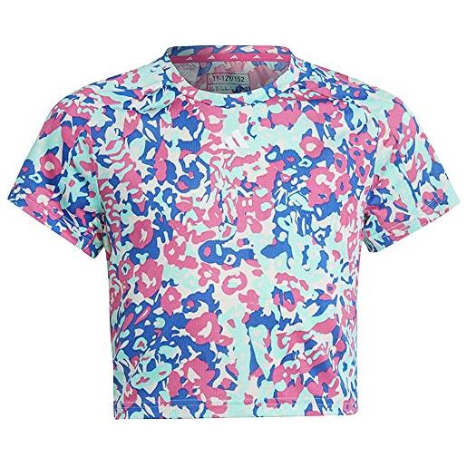adidas bambina train essentials seasonal aeroready printed crop training tee, ecru tint/pulse mint/semi lucid fuchsia/lucid blue, 14-15 years