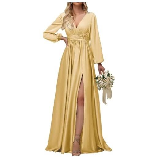 AHERKLL abiti da damigella d'onore a maniche lunghe per matrimonio pieghe in raso formale da sera abito maxi con fessura ah165, oro, 46