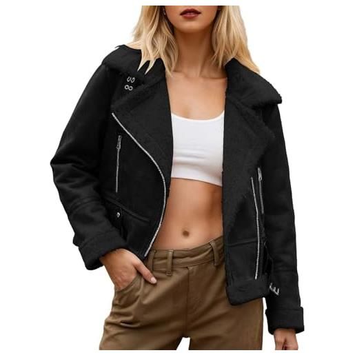 Genérico giacca da donna in pelle scamosciata stile retrò invernale giacca in similpelle colori disponibili con bavero tipo motociclista cappotto da tempo con chiusura a zip, nero , xs